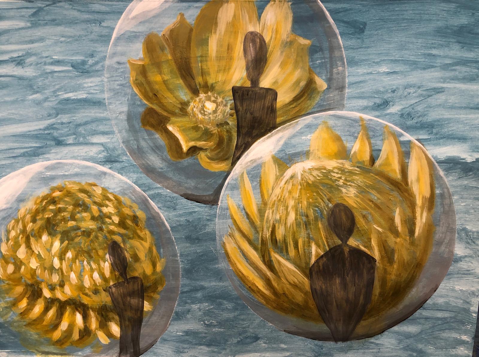 Schilderij met drie grote bloemen en silhouetten in transparante bollen